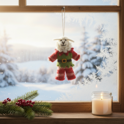 Handmade Felt Elfie Sheep Hanging Christmas Decoration