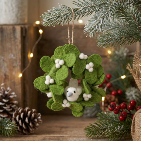 Handmade Felt Fair trade Mistletoe Mini Wreath with Doves Christmas Decoration
