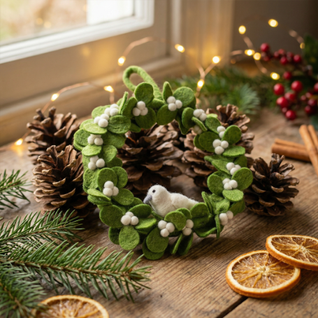 Handmade Felt Fair trade Mistletoe Wreath with Dove Christmas Decor
