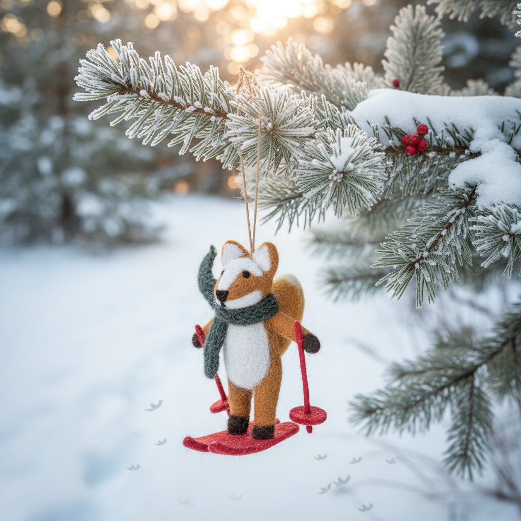 Handmade Felt Felix the Skiing Fox Hanging Christmas Decoration
