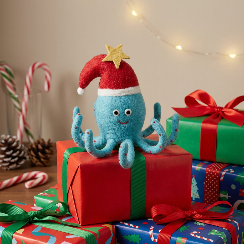 Handmade Felt Festive Octopus Christmas Tree Topper