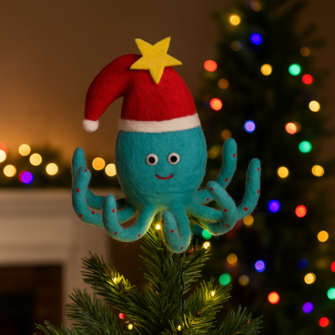 Handmade Felt Festive Octopus Christmas Tree Topper