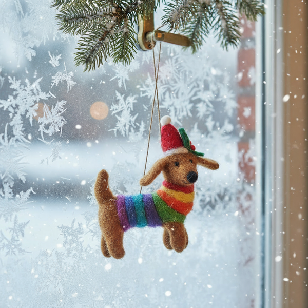 Handmade Felt Festive Rainbow Dog LGBT Pride Christmas Tree Decoration