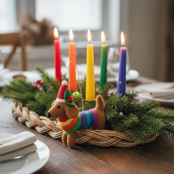 Handmade Felt Festive Rainbow Dog LGBT Pride Christmas Tree Decoration