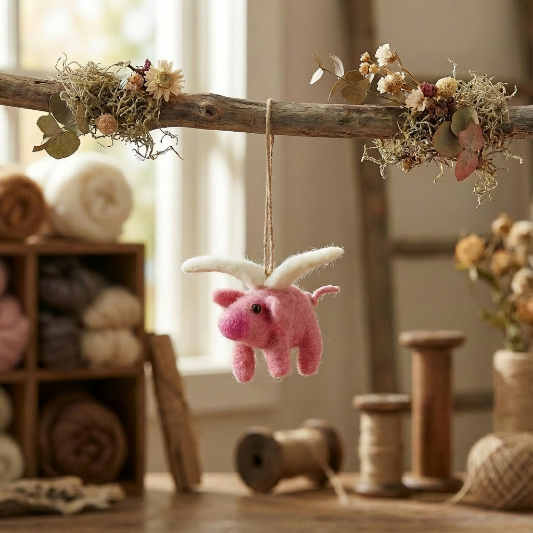 Handmade Felt Flying Pig Biodegradable Hanging Decoration