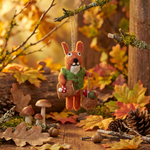 Handmade Felt Fungi Forager Squirrel Hanging Decoration