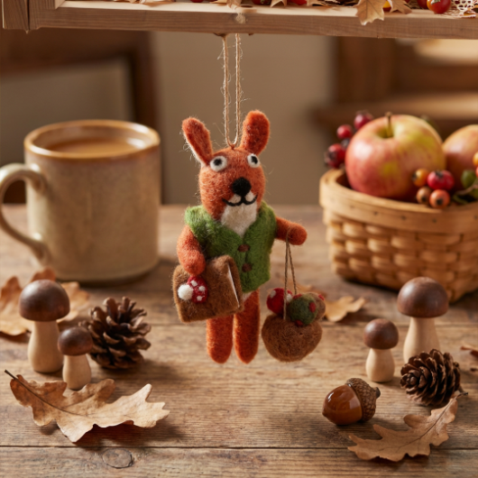 Handmade Felt Fungi Forager Squirrel Hanging Decoration