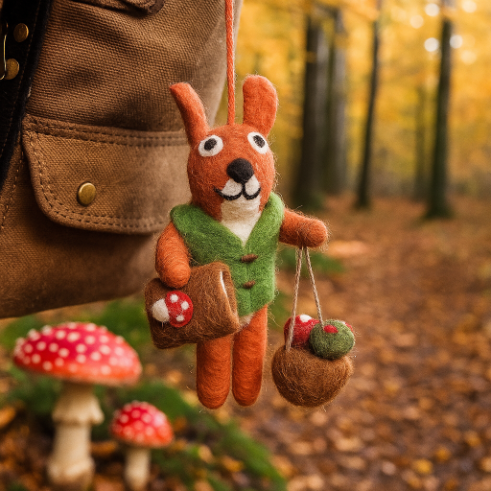 Handmade Felt Fungi Forager Squirrel Hanging Decoration
