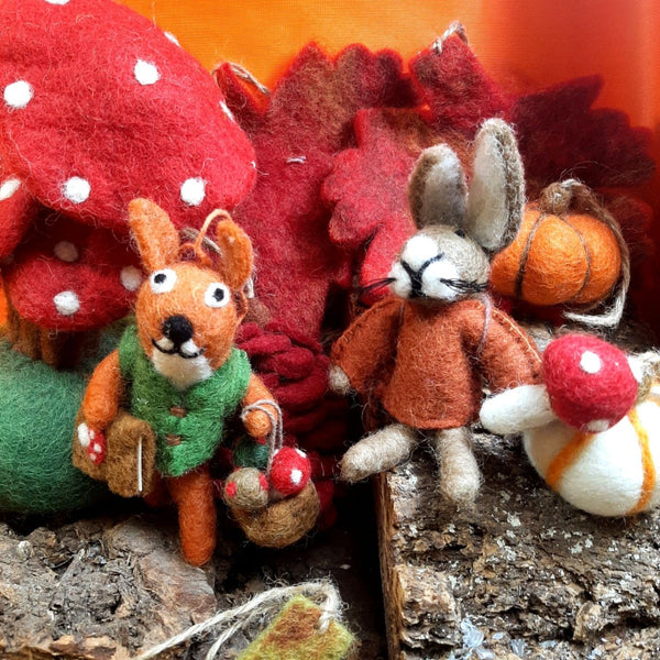 Handmade Felt Fungi Forager Squirrel Hanging Decoration