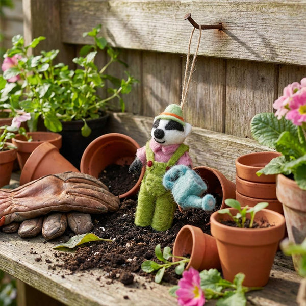Handmade Felt Gus the Gardening Badger Hanging Decoration
