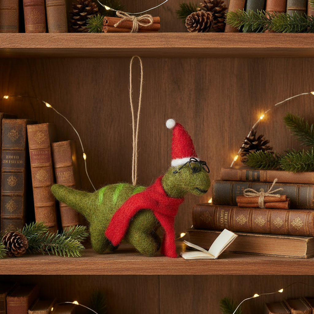 Handmade Felt Hanging Christmas Dinosaur with Specs Tree Decoration