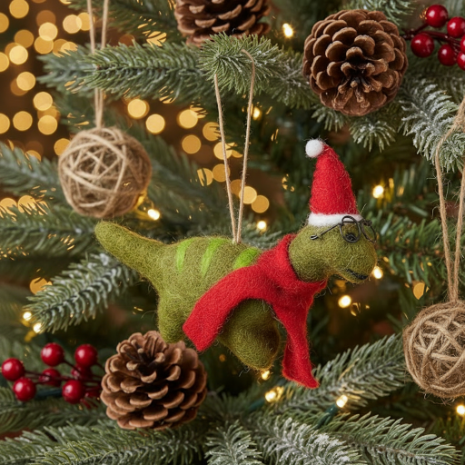 Handmade Felt Hanging Christmas Dinosaur with Specs Tree Decoration
