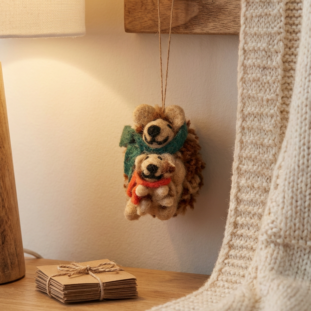 Handmade Felt Hanging Snuggly Hedgehogs Woodland Decoration