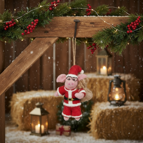 Handmade Felt Ho Ho Hog Christmas Pig Hanging Decoration