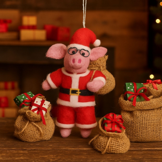Handmade Felt Ho Ho Hog Christmas Pig Hanging Decoration