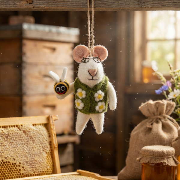 Handmade Felt Isaac the Mouse Hanging Bumblebee Decoration