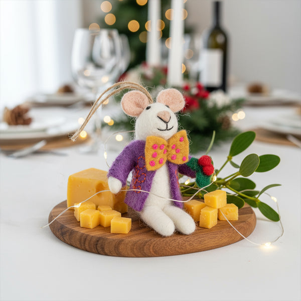 Handmade Felt Jingle Whiskers Christmas Mouse Hanging Decoration