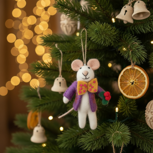 Handmade Felt Jingle Whiskers Christmas Mouse Hanging Decoration