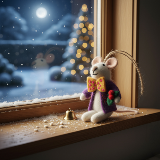 Handmade Felt Jingle Whiskers Christmas Mouse Hanging Decoration