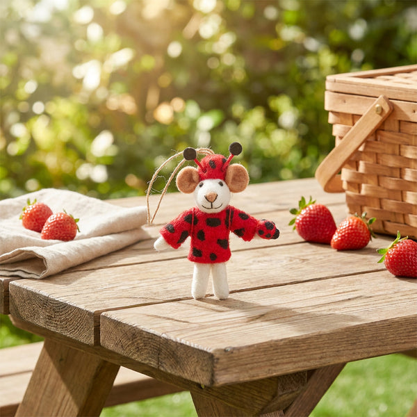 Handmade Felt Lizzie the Ladybird Mouse Spring Hanging Decoration