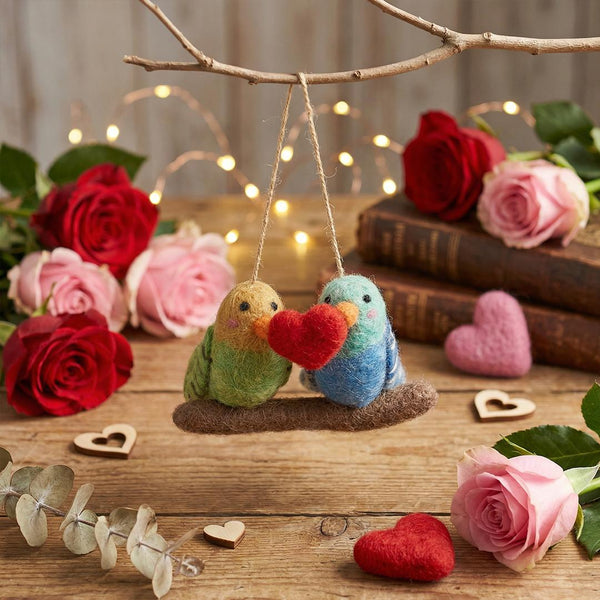 Handmade Felt Lovebirds Hanging Budgie Bird Valentines Decoration