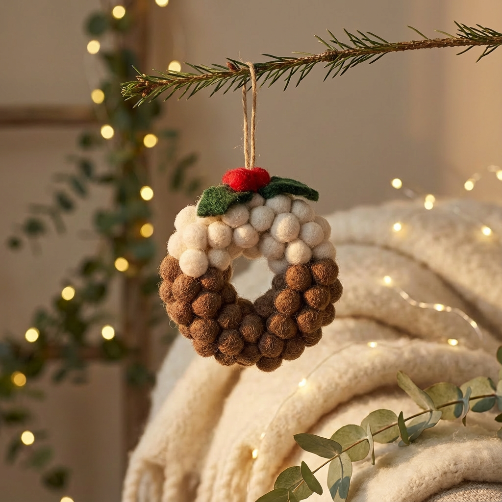 Handmade Felt Mini Christmas Pudding Wreath Hanging Decoration