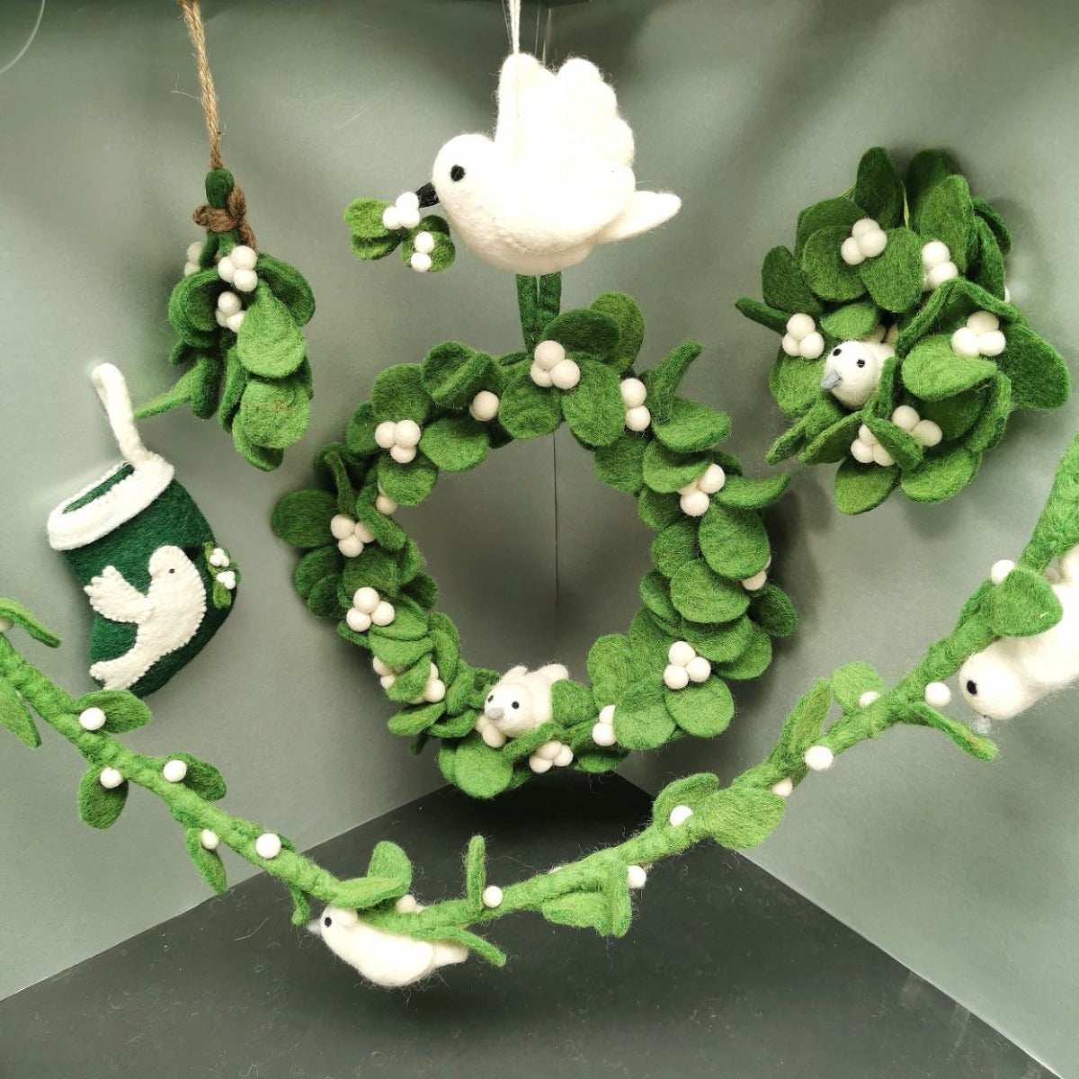 Handmade Felt Mistletoe Dove Hanging Christmas Decoration