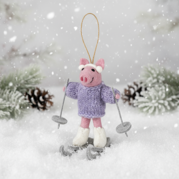 Handmade Felt Neive the Skiing Pig Hanging Decoration