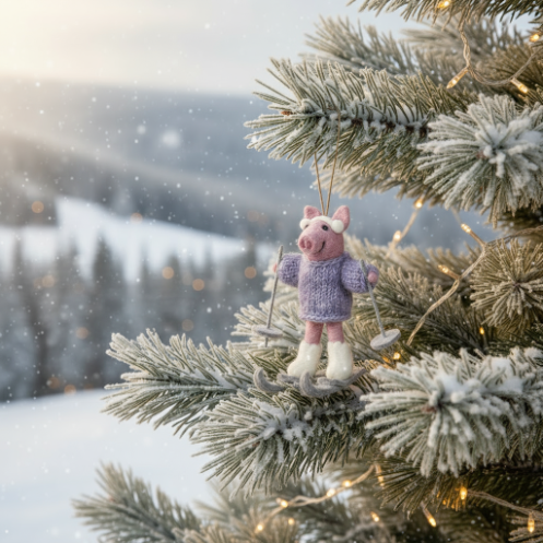 Handmade Felt Neive the Skiing Pig Hanging Decoration