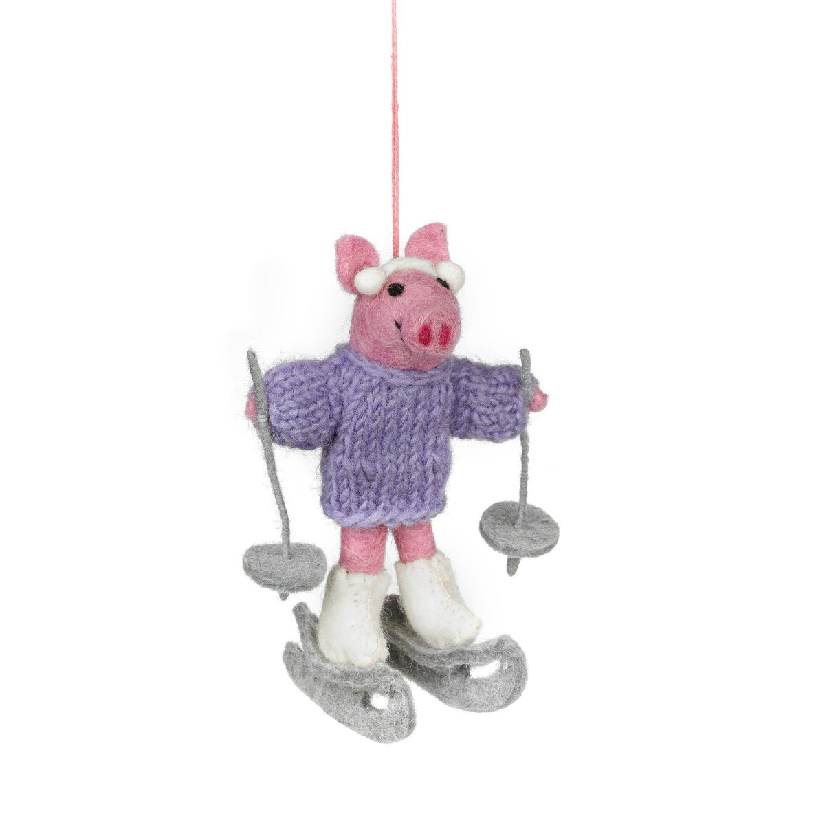 Handmade Felt Neive the Skiing Pig Hanging Decoration