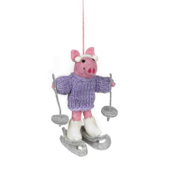 Handmade Felt Neive the Skiing Pig Hanging Decoration