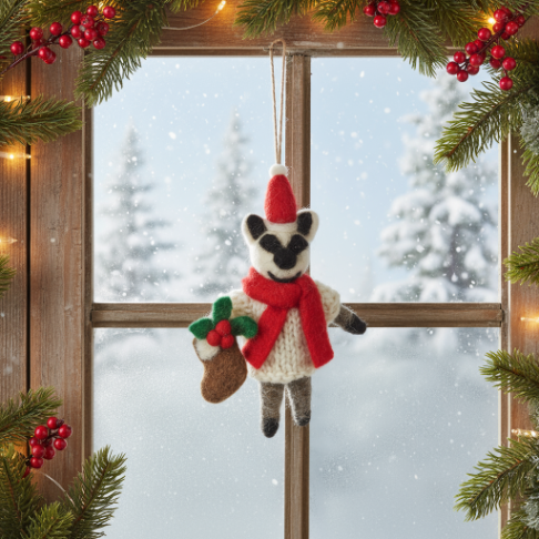 Handmade Felt Noel the Christmas Badger Hanging Decoration