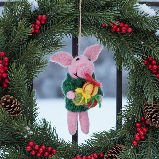 Handmade Felt Poppy the Pig Hanging Christmas Decoration