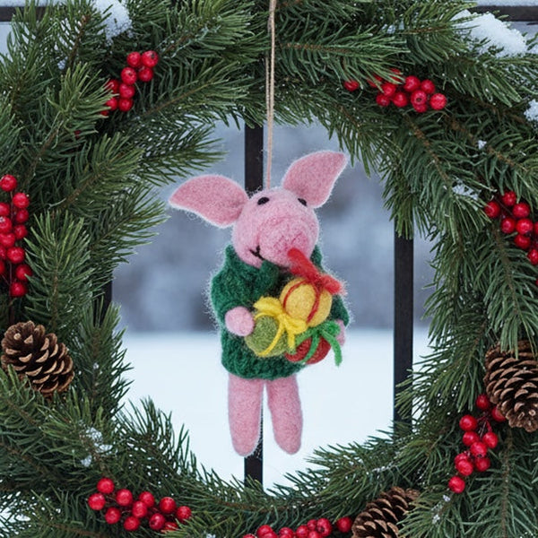 Handmade Felt Poppy the Pig Hanging Christmas Decoration