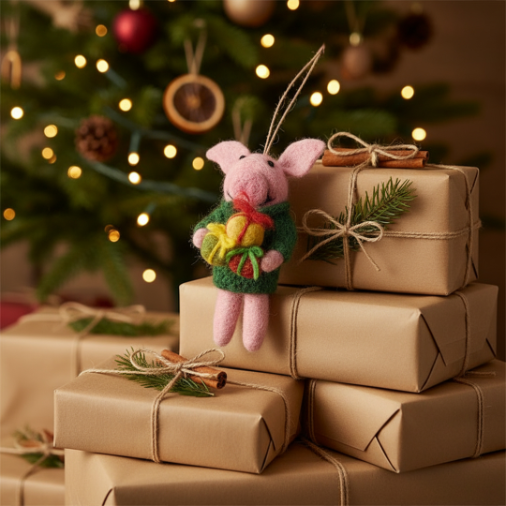Handmade Felt Poppy the Pig Hanging Christmas Decoration