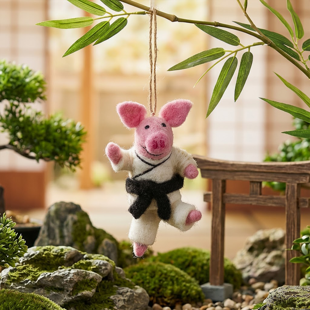 Handmade Felt Pork Chop Hanging Karate Pig Decoration