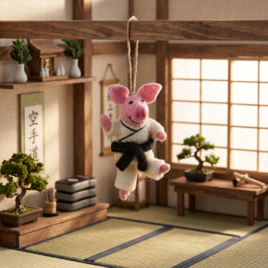 Handmade Felt Pork Chop Hanging Karate Pig Decoration