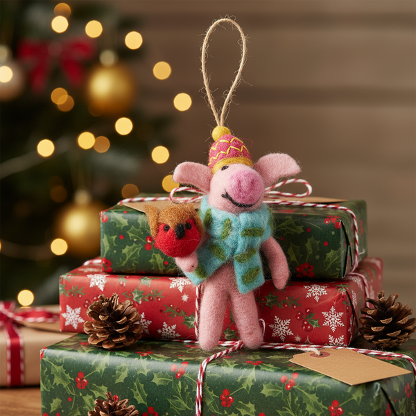 Handmade Felt Porky Noel Hanging Christmas Pig Decoration