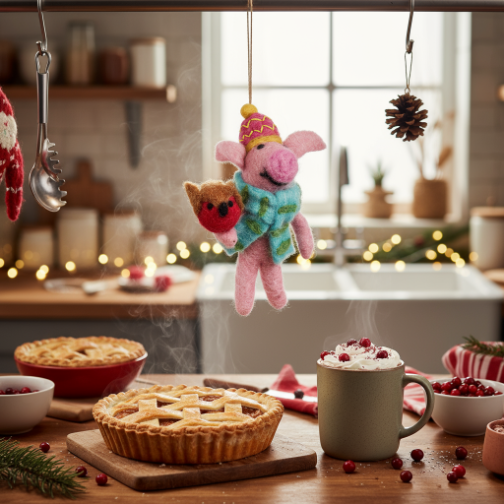 Handmade Felt Porky Noel Hanging Christmas Pig Decoration