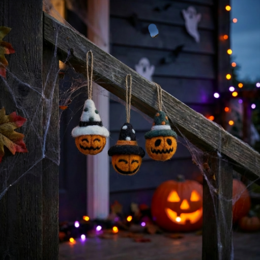 Handmade Felt Pumpkin Bauble Trio Hanging Halloween Decorations
