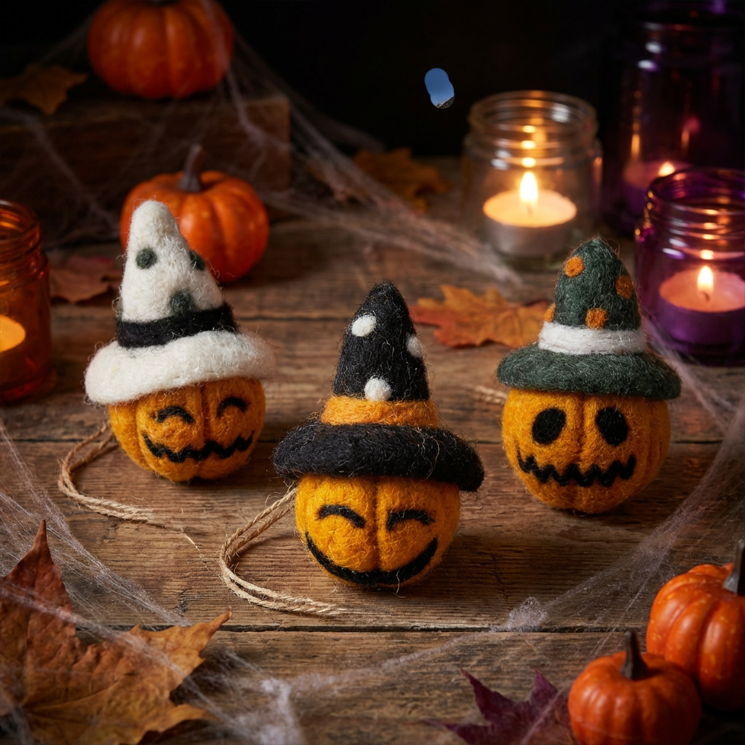 Handmade Felt Pumpkin Bauble Trio Hanging Halloween Decorations