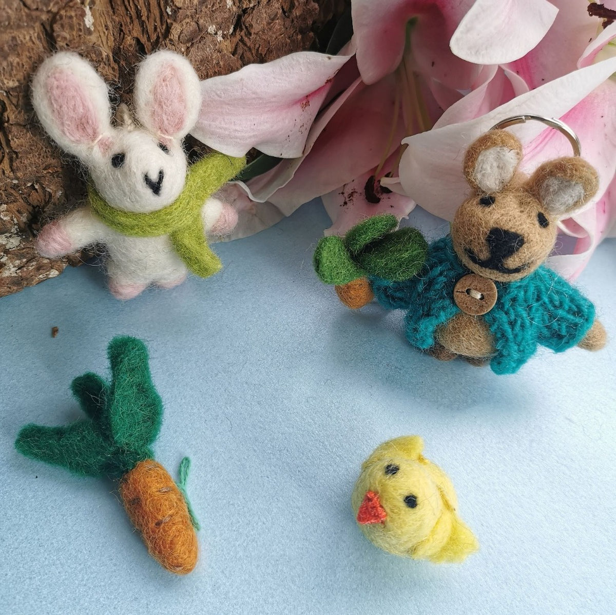 Handmade Fair trade Needle Felt Rabbit in Cardigan Keyring