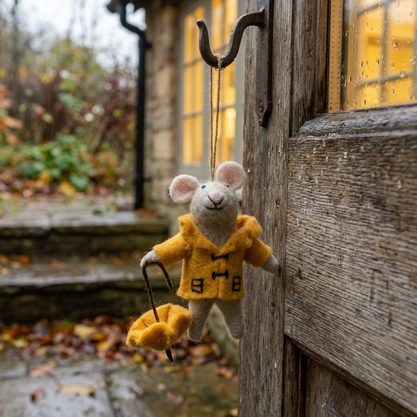 Handmade Felt Rainy Day Mouse Woodland Hanging Decoration