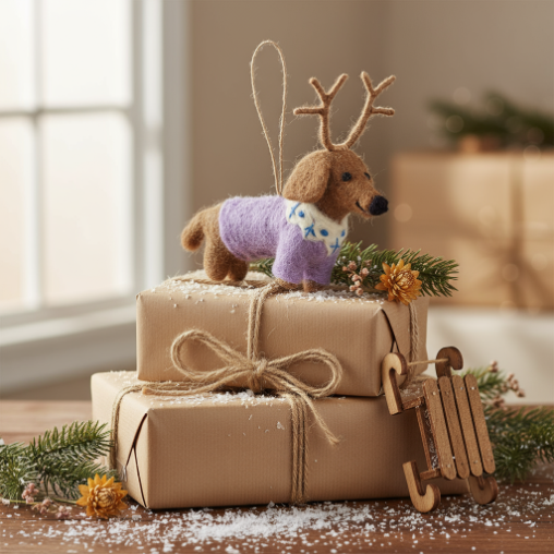 Handmade Felt Rudy Dachshund Dog Hanging Christmas Decoration
