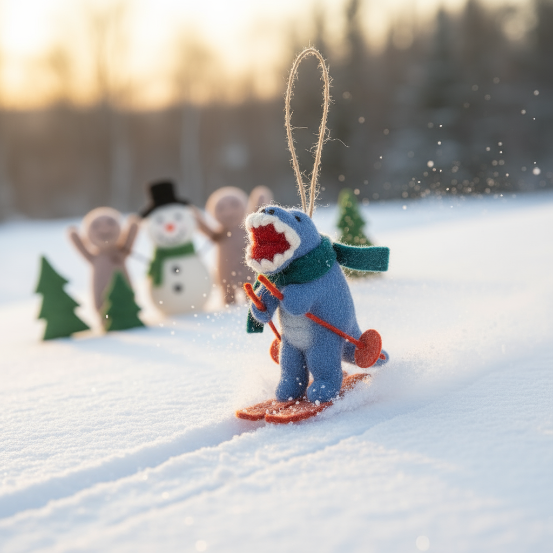 Handmade Felt Skiing Dinosaur Hanging Decoration