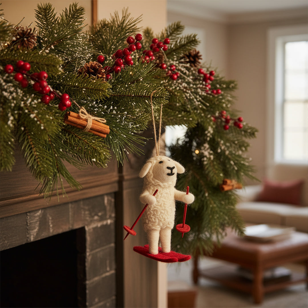 Handmade Felt Skiing Sheep Biodegradable Hanging Decoration
