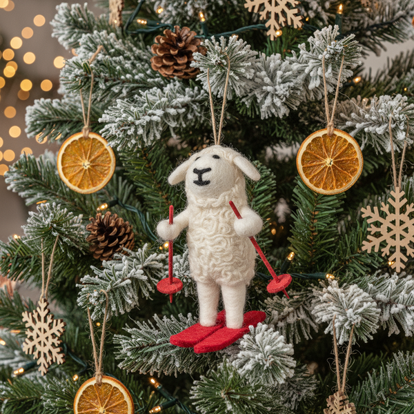 Handmade Felt Skiing Sheep Biodegradable Hanging Decoration