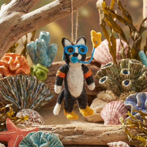 Handmade Felt Snorkelling Cat Hanging Decoration