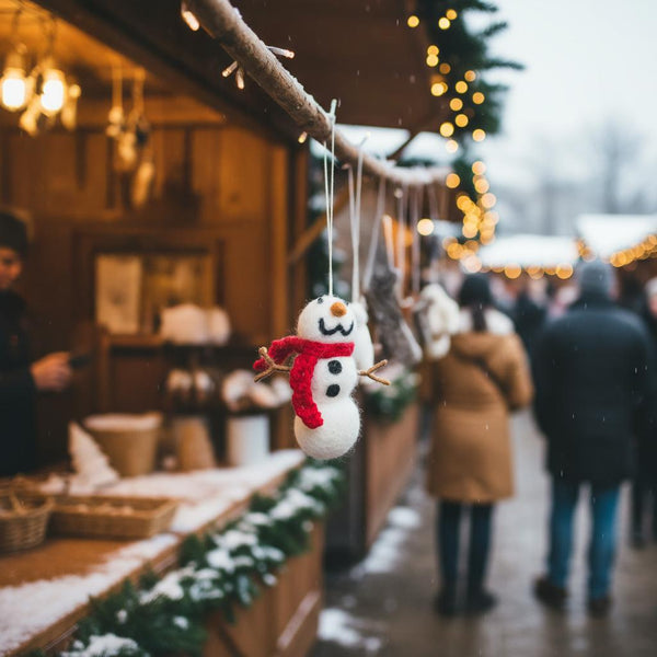 Handmade Felt Snowman with Knitted Scarf Biodegradable Hanging Decoration