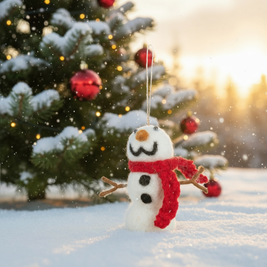 Handmade Felt Snowman with Knitted Scarf Biodegradable Hanging Decoration